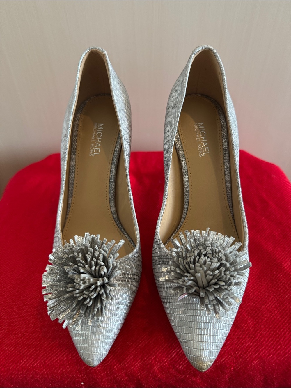 Michael Kors Silver Pointed Toe Pom-Pom Heels